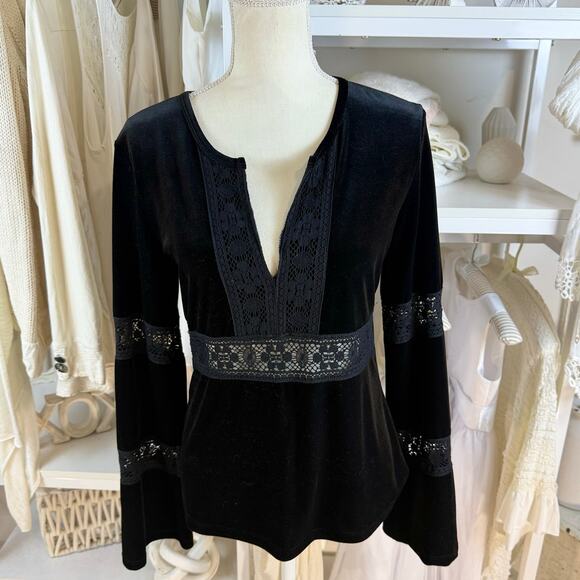 Boston Proper women's sz. small Velour black boho deep v neck blouse lace - Picture 1 of 8